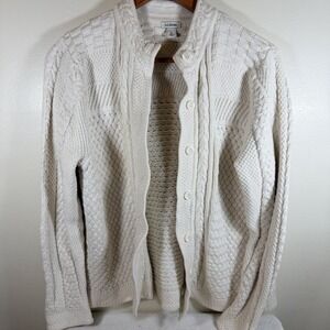 LL Bean Knit Cardigan Womens Large Ivory Heavyweight Cotton Fishermen Classic